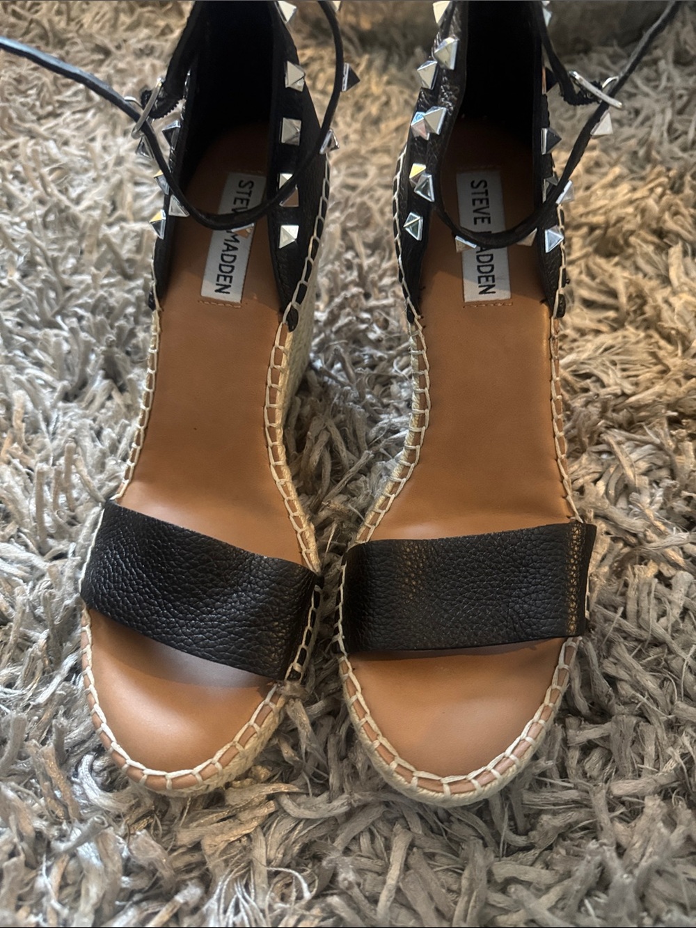 Steve Madden Black Studded Espadrille Wedge Sandals with Tan Insole